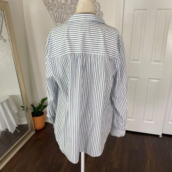 Ingrid Isabel Cotton Rayon Blend Blue White Preppy Striped Button Up Blouse  L - Picture 6 of 8